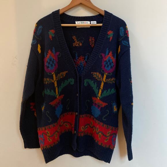 Le Moda Knitwear Womens Sweater Cardigan Knitted by Hand Floral Navy Size Large - Picture 1 of 6